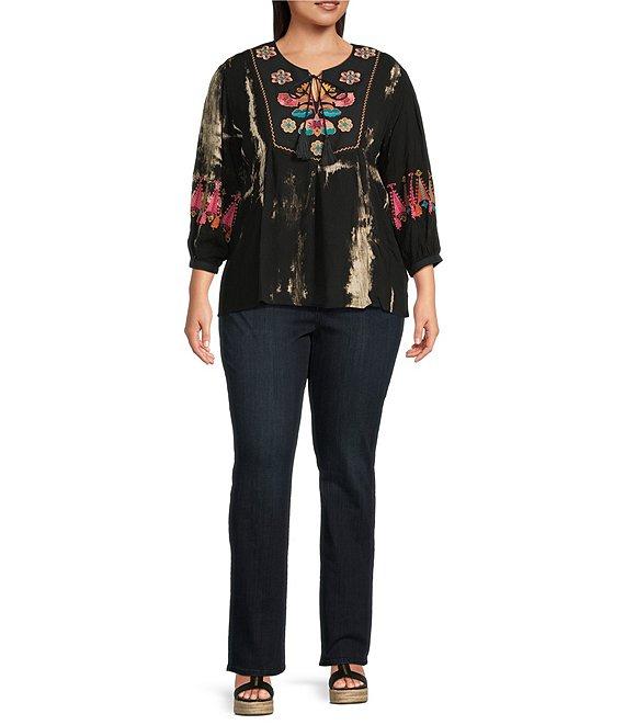 Calessa Plus Size Floral Tie-Dye Embordered Split Neck Tassel Tie Long Sleeve Tunic Product Image