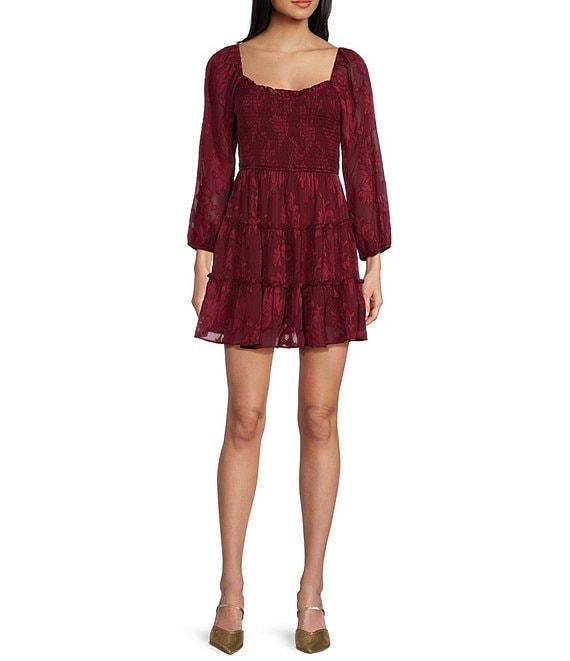 B. Darlin Jacquard Square Neck Long Sleeve Smocked Ruffle Dress Product Image