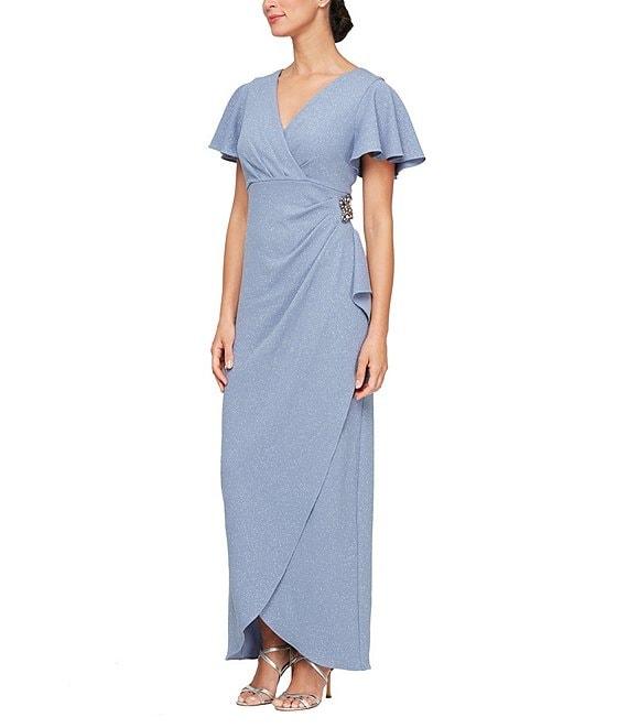 Ignite Evenings Petite Size Short Flutter Sleeve V-Neck Glitter Knit Gown Product Image