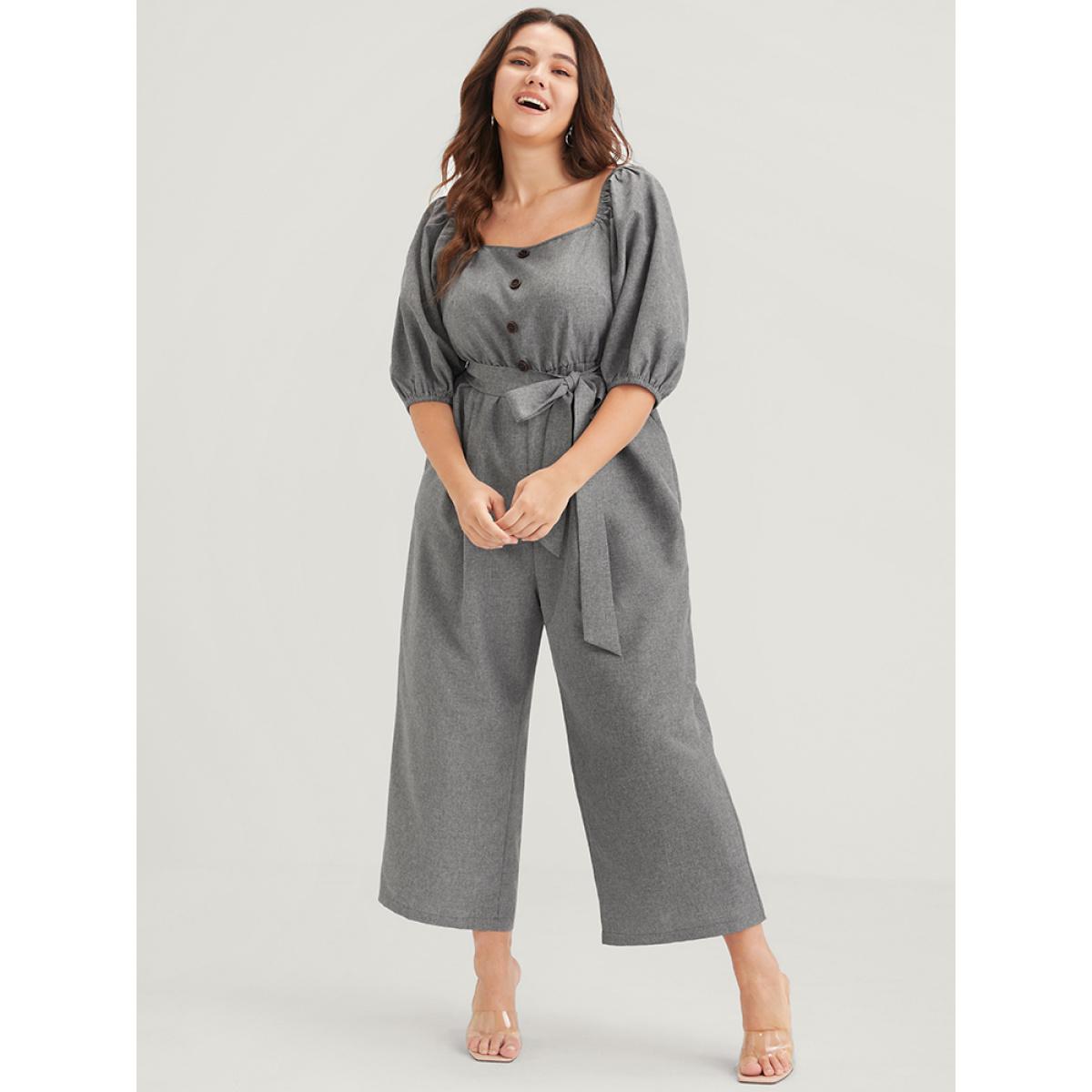Plus Size DimGray Plain Fake Button Pocket Puff Sleeve Square Neck Belted Jumpsuit Women Office Half Sleeve Square Neck Work Loose Jumpsuits BloomChic 28/5X Product Image