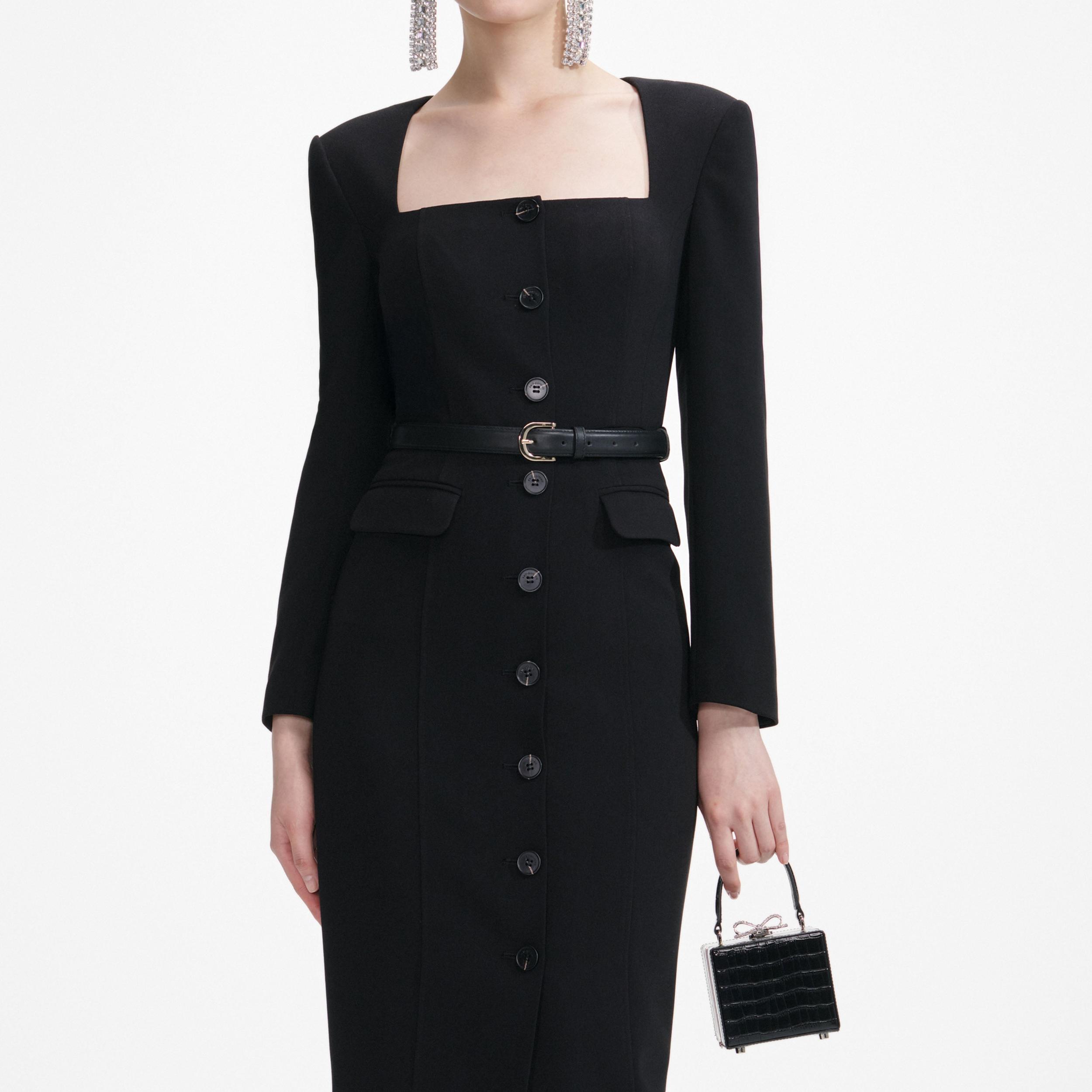 Black Tailored Crepe Midi Dress Product Image