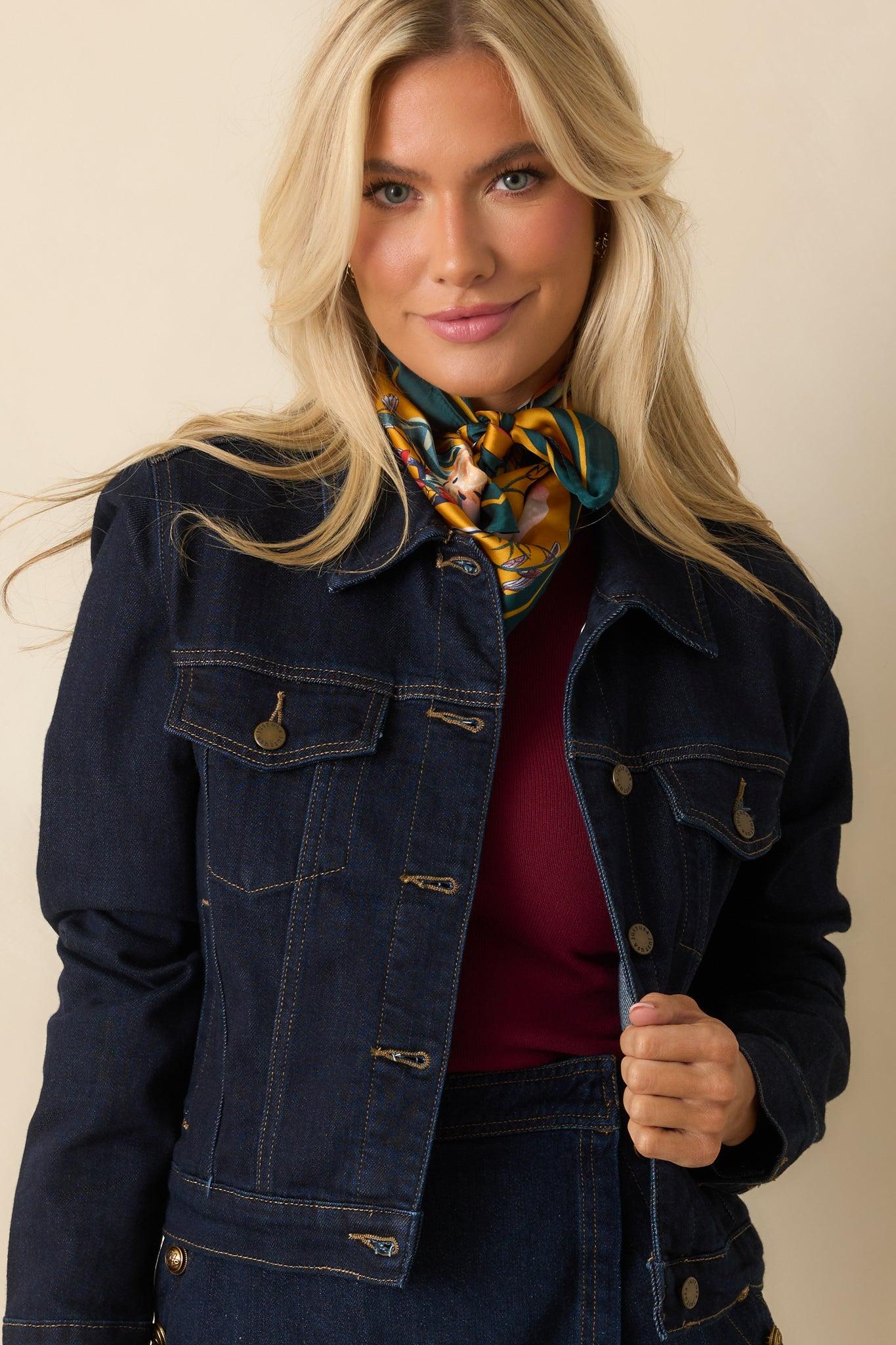 Let’s Get This Straight Dark Wash Denim Cropped Jacket L / Dark Wash Product Image