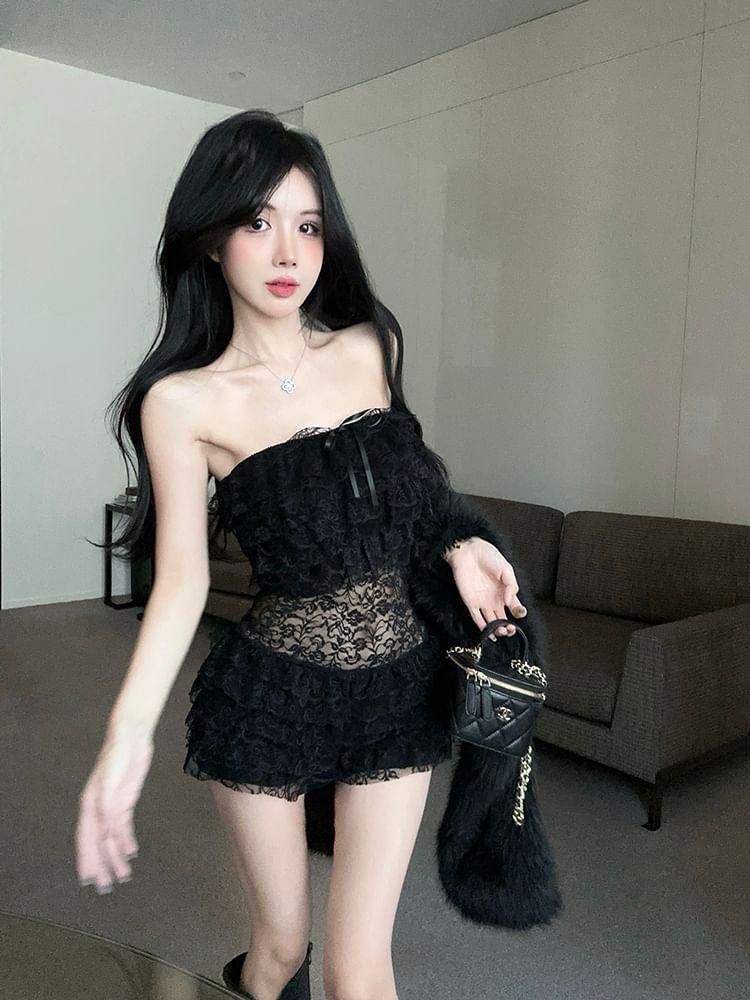 Plain Bow Tiered Lace Tube Romper Product Image