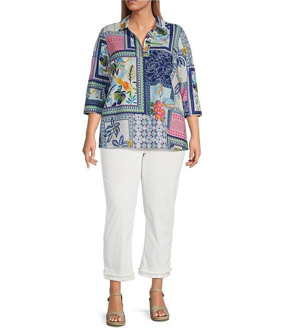 Foxcroft Plus Size Julia Wrinkle-Free Printed Y-Neck 3/4 Sleeve Tunic Product Image