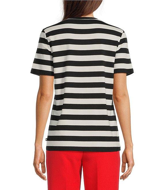 KARL LAGERFELD PARIS Stretch Knit Stripe Print Crew Neck Short Sleeves Tee Product Image