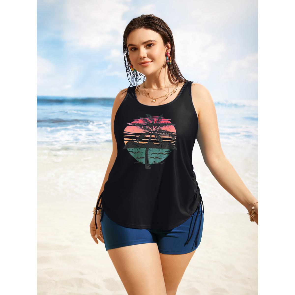 Plus Size Island Print Drawstring Adjustable Swim Top Women's Swimwear Black Beach Contrast High stretch Loose U-neck Curve Swim Tops BloomChic 10/M Product Image