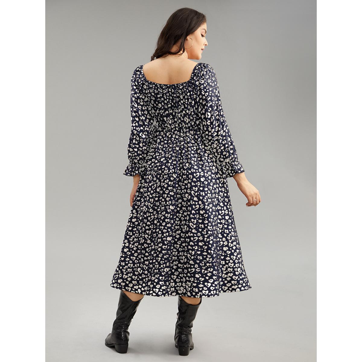 Plus Size Leopard Print Shirred Square Neck Pocket Dress DarkBlue Women Casual Printed Square Neck Long Sleeve Curvy Midi Dress BloomChic 28/5X Product Image