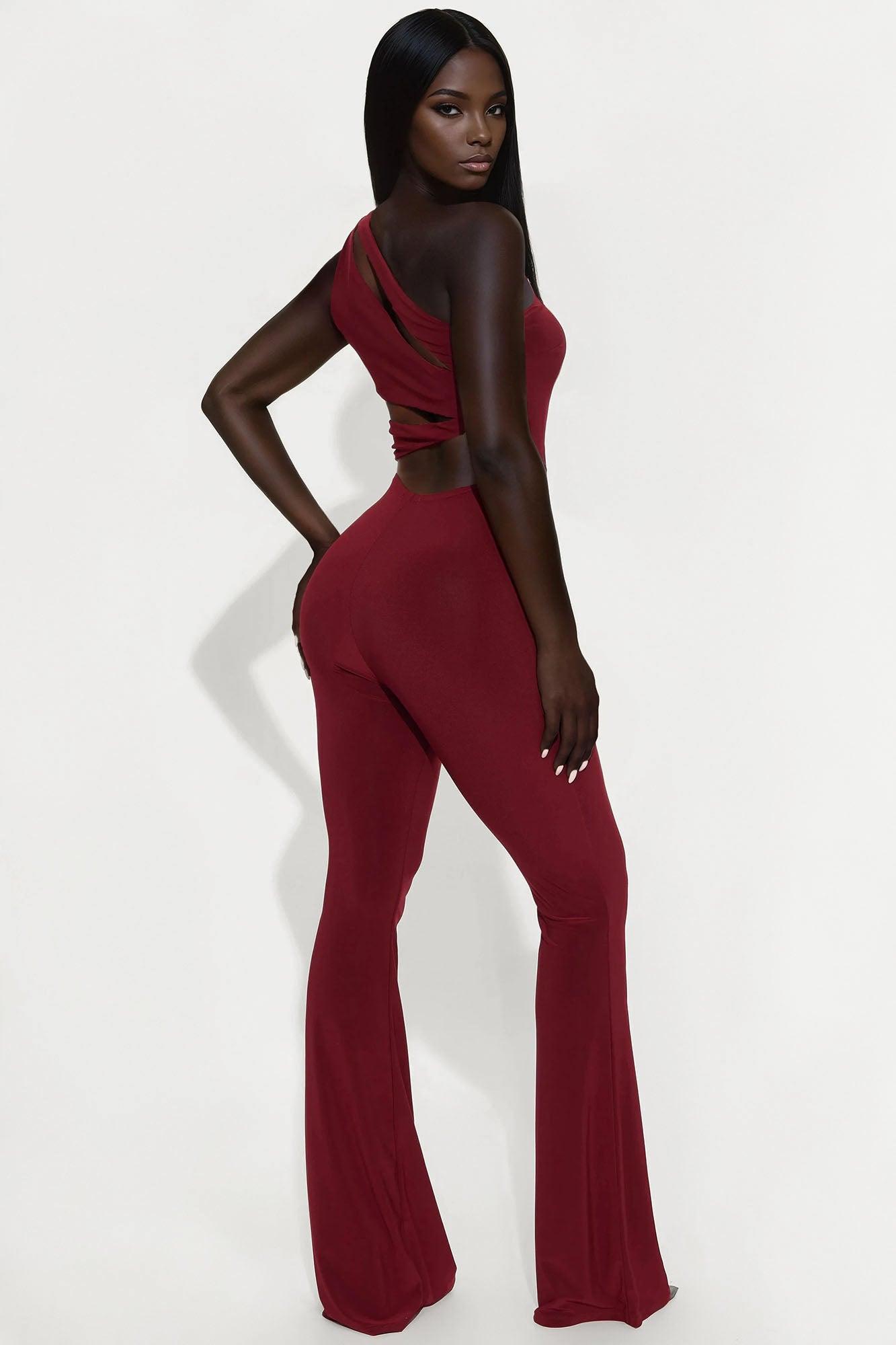 Flirty And Fun One Shoulder Jumpsuit - Burgundy Female Product Image