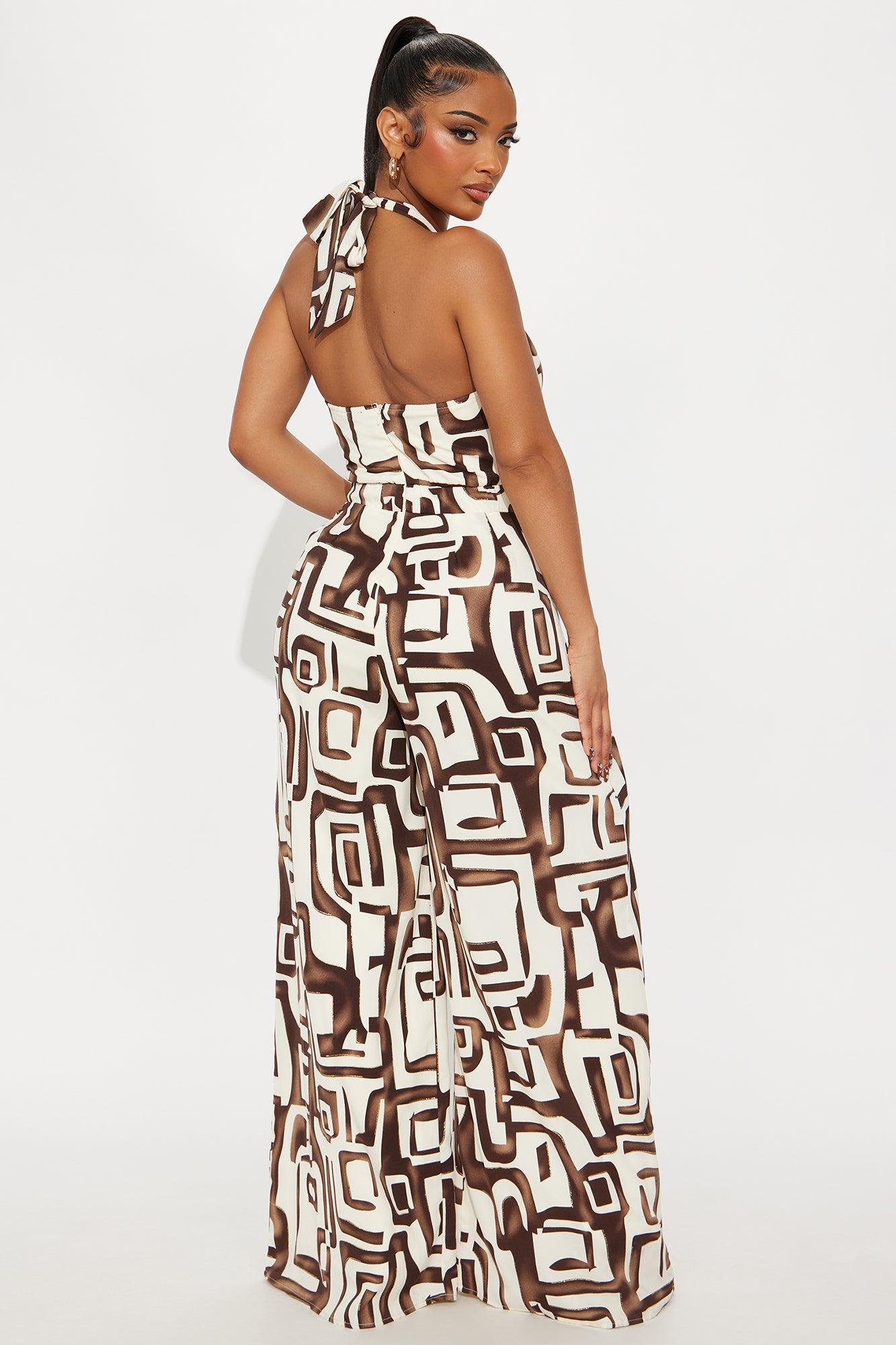 Maylee Abstract Halter Jumpsuit - Brown/combo Female Product Image