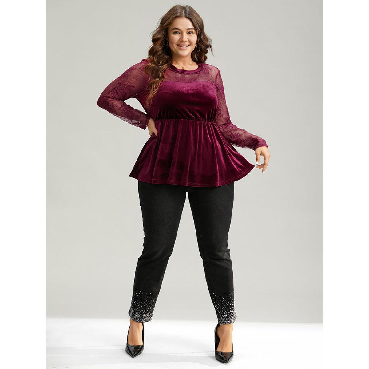 Plus Size Burgundy Velvet Patchwork Mesh Guipure Lace Gathered Blouse Women Elegant Long Sleeve Round Neck Festival-Christmas Blouses BloomChic 28/5X Product Image