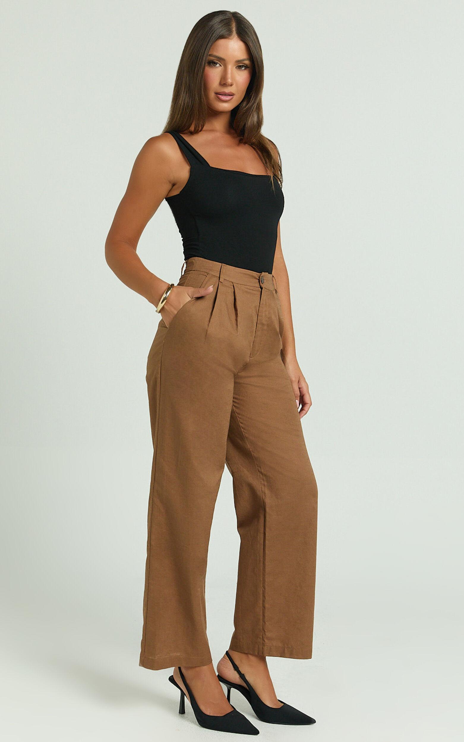 Celenia Linen Blend Pants - High Waisted Wide Leg Pants in Tobacco Product Image