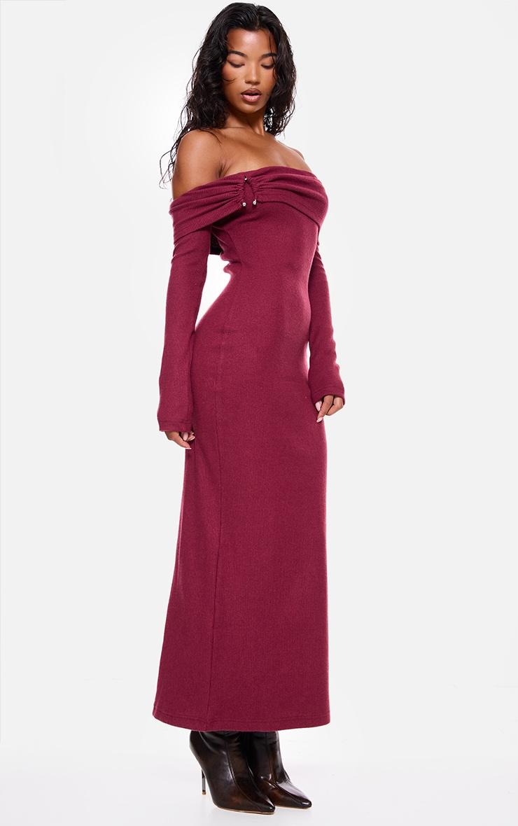 Burgundy Heavy Brushed Rib Bardot Trim Maxi Dress Product Image