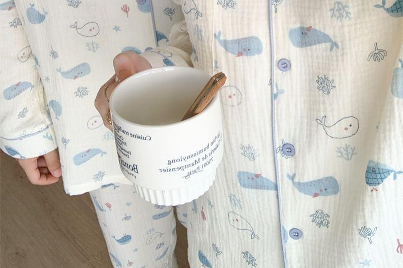 Couple Matching Pajama Set: Long-Sleeve Whale Print Top + Pants Product Image