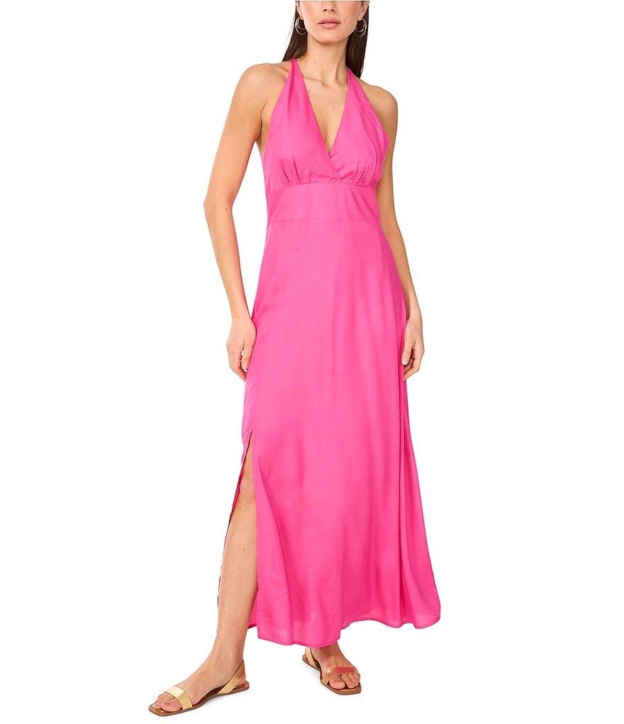 Vince Camuto Woven Halter Neck Sleeveless Beaded Maxi Dress Product Image