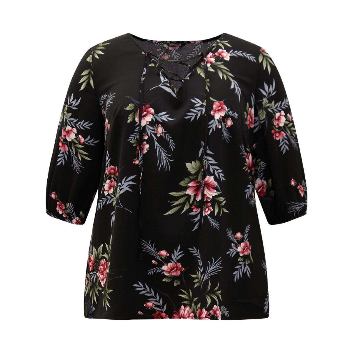 Plus Size Black Floral Print Lace Up Lantern Sleeve Blouse Women Elegant Half Sleeve V-neck Dailywear Blouses BloomChic 12/L Product Image