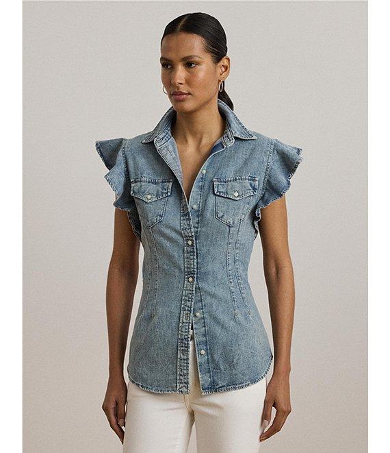Lauren Ralph Lauren Denim Spread Collar Flutter Sleeve Button Front Shirt Product Image