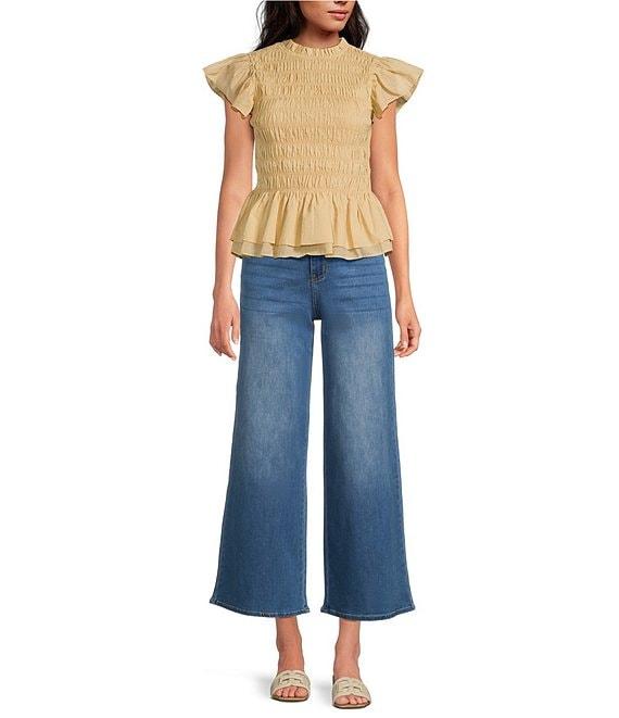 Sugarlips Ruffle Mock Neckline Short Sleeve Smocked Peplum Top Product Image