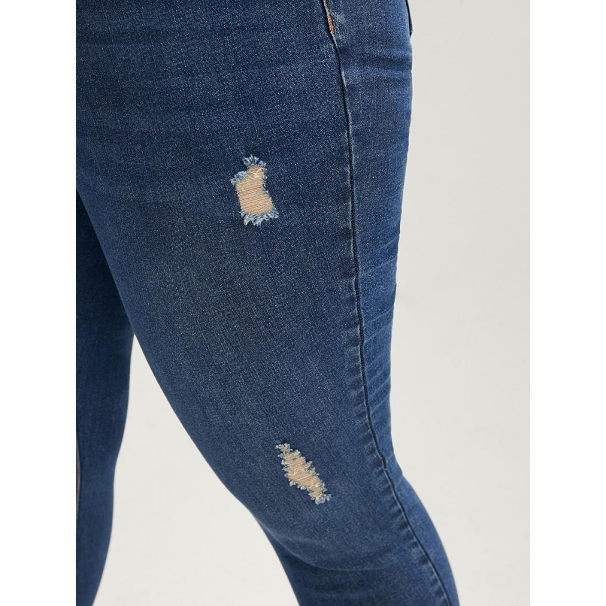 Plus Size Skinny Moderately Stretchy High Rise Dark Wash Distressed Ankle Jeans Women Indigo Casual Plain Zipper Medium stretch Pocket Jeans BloomChic 14/1X Product Image
