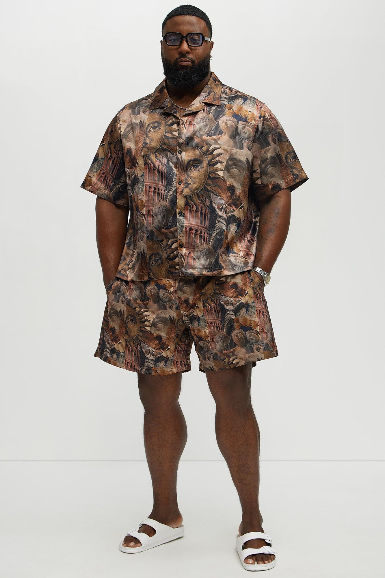 Celestial Glory Cuban Collar Short Sleeve Shirt - Brown Combo Male Product Image