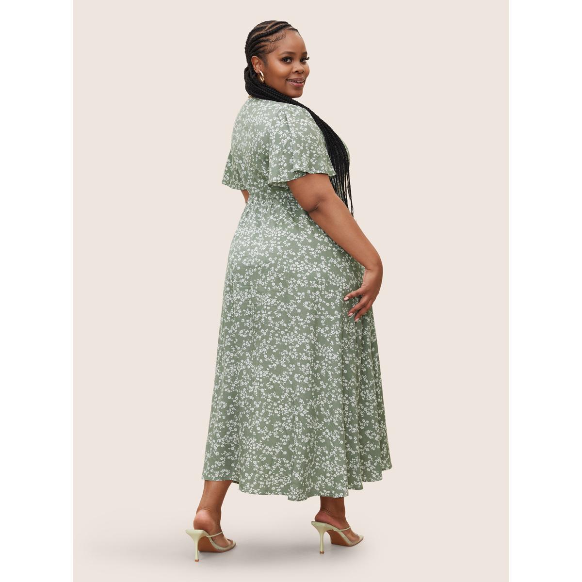 Plus Size Bloom Dress - Flutter Sleeve Ditsy Floral Pocket Split Maxi Dress Palemauve Women Romantic Slit V-neck Half Sleeve Curvy Long Dress BloomChic 14-16/1X Product Image