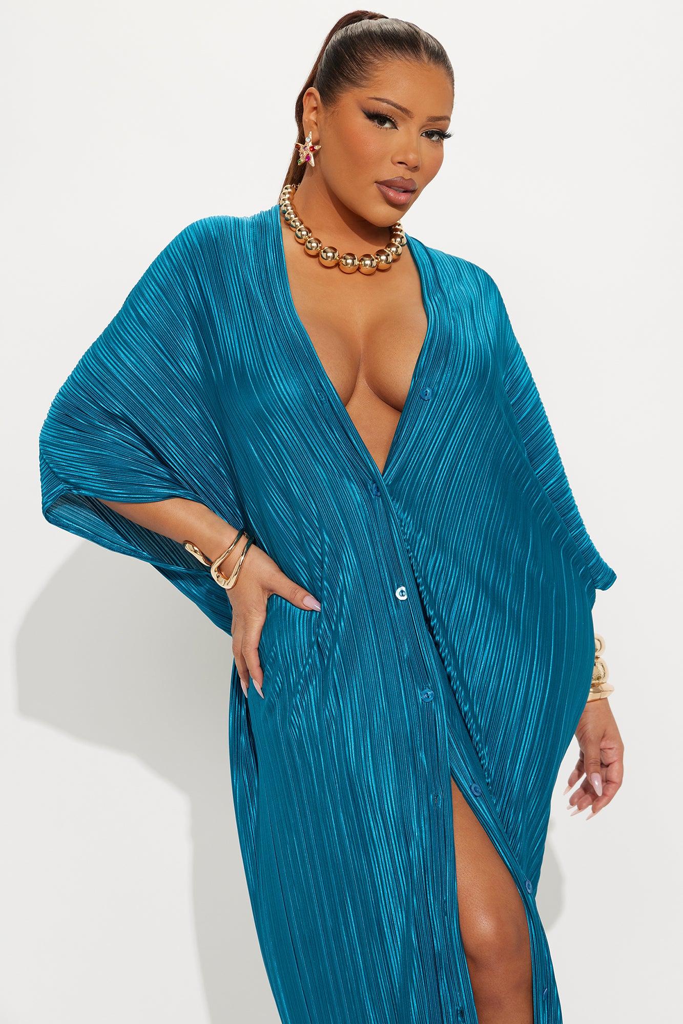 Isa Plisse Maxi Shirt Dress - Teal Female Product Image