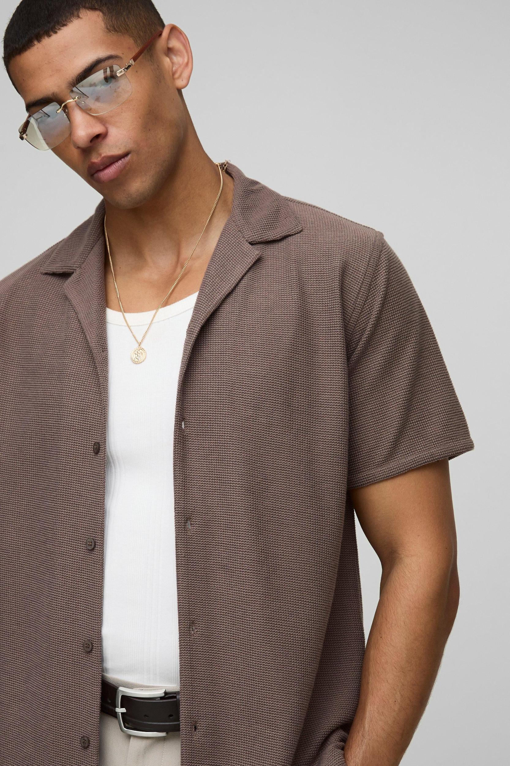 Regular Fit Honeycomb Waffle Revere Shirt | boohooMAN USA Product Image
