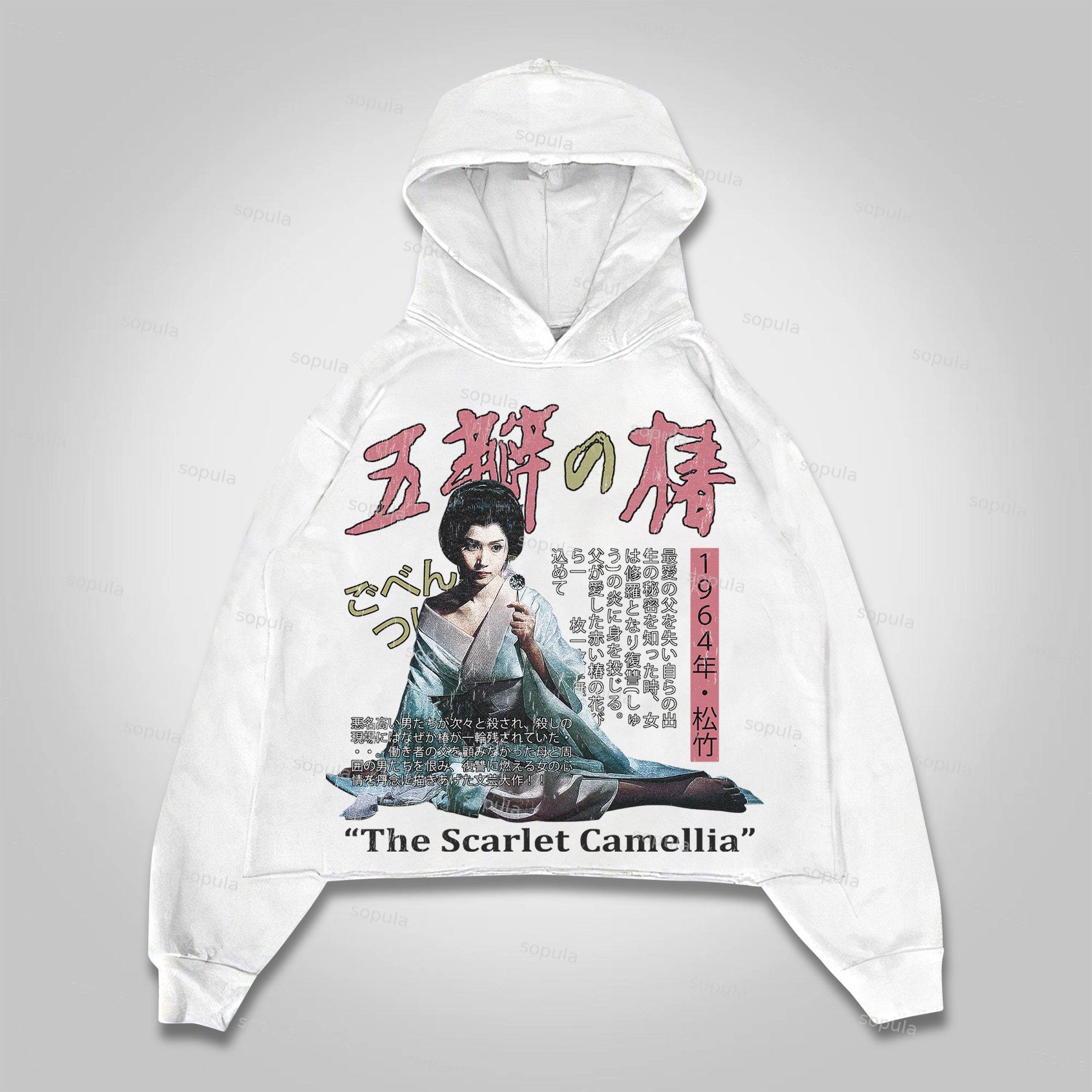 Sopula The Scarlet Camellia Vintage Graphics Cropped Hoodie Pocketless Hoodie Product Image