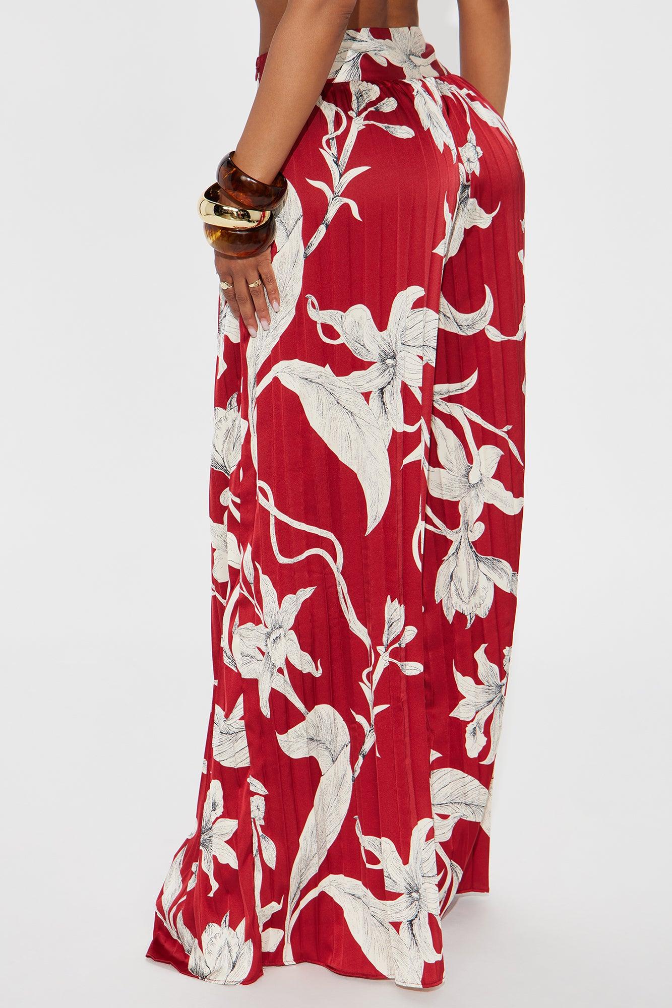 Leila Pleated Satin Wide Leg Pant - Burgundy Product Image