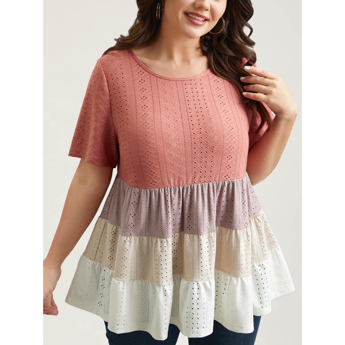 Plus Size Color Contrast Layered Ribbed T-Shirt Multicolor Women Casual Texture Round Neck Everyday T-shirts BloomChic 10/M Product Image