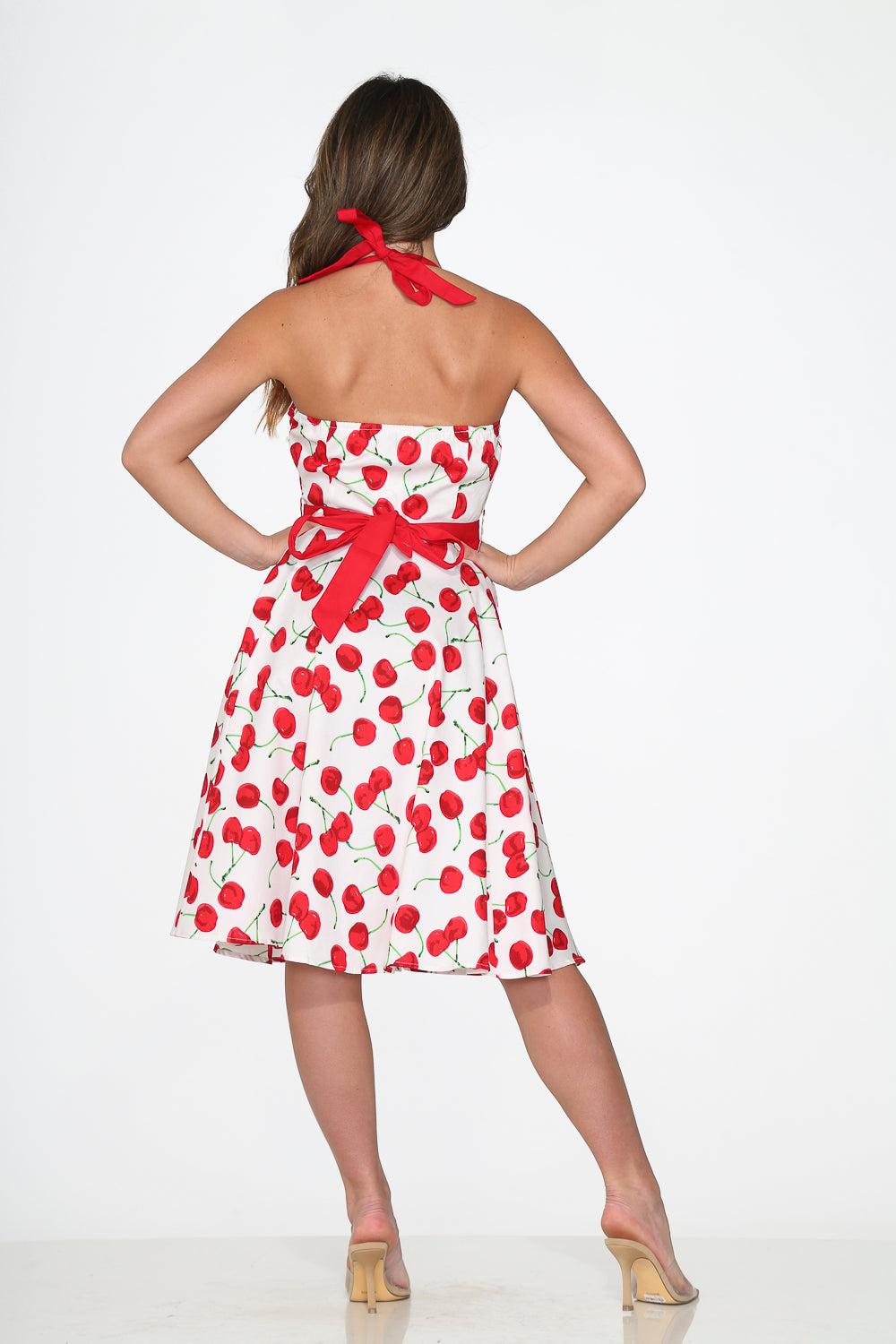 White Red Cherry Halter Swing Dress Product Image