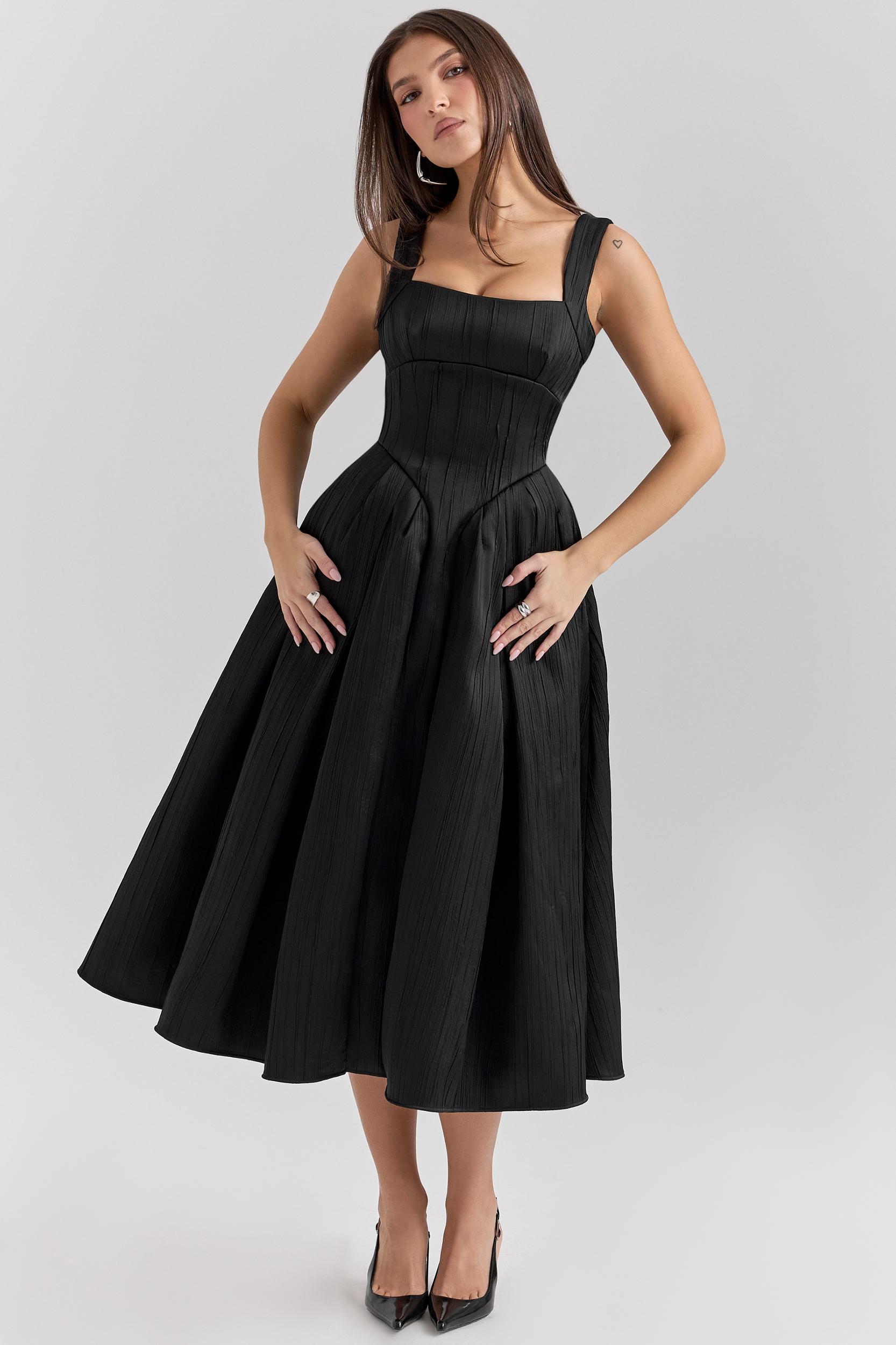 Isabeau  black textured satin corset midi dress Product Image
