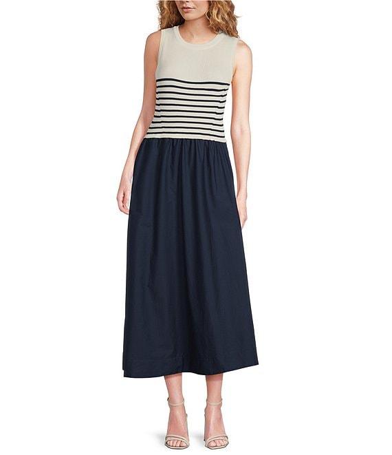 Skies Are Blue Striped Mixed Media Sleeveless Crew Neck Midi Dress Product Image