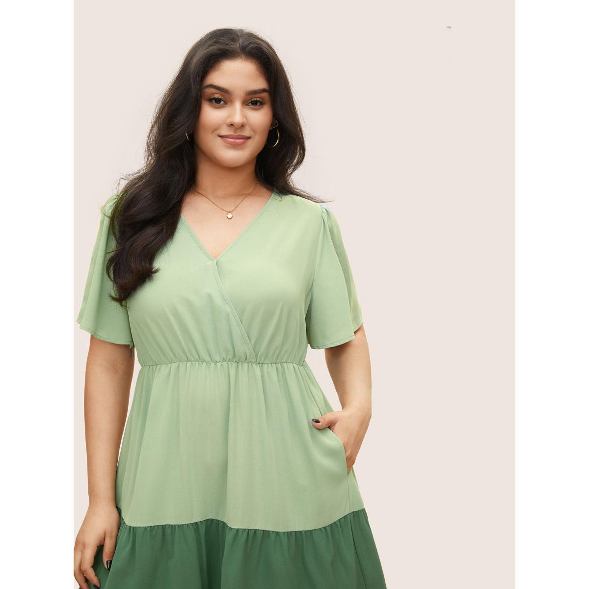Plus Size Colorblock Contrast Wrap Elastic Waist Pocket Dress Mint Women Casual Non Overlap Collar Short sleeve Curvy Midi Dress BloomChic 18-20/2X Product Image