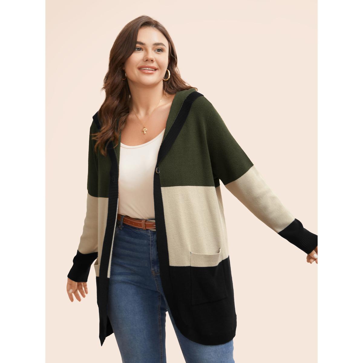 Plus Size Colorblock Contrast Patched Pocket Hooded Cardigan Browncoffeecolor Women Leisure Loose Long Sleeve Casual Cardigans BloomChic 30/6X Product Image