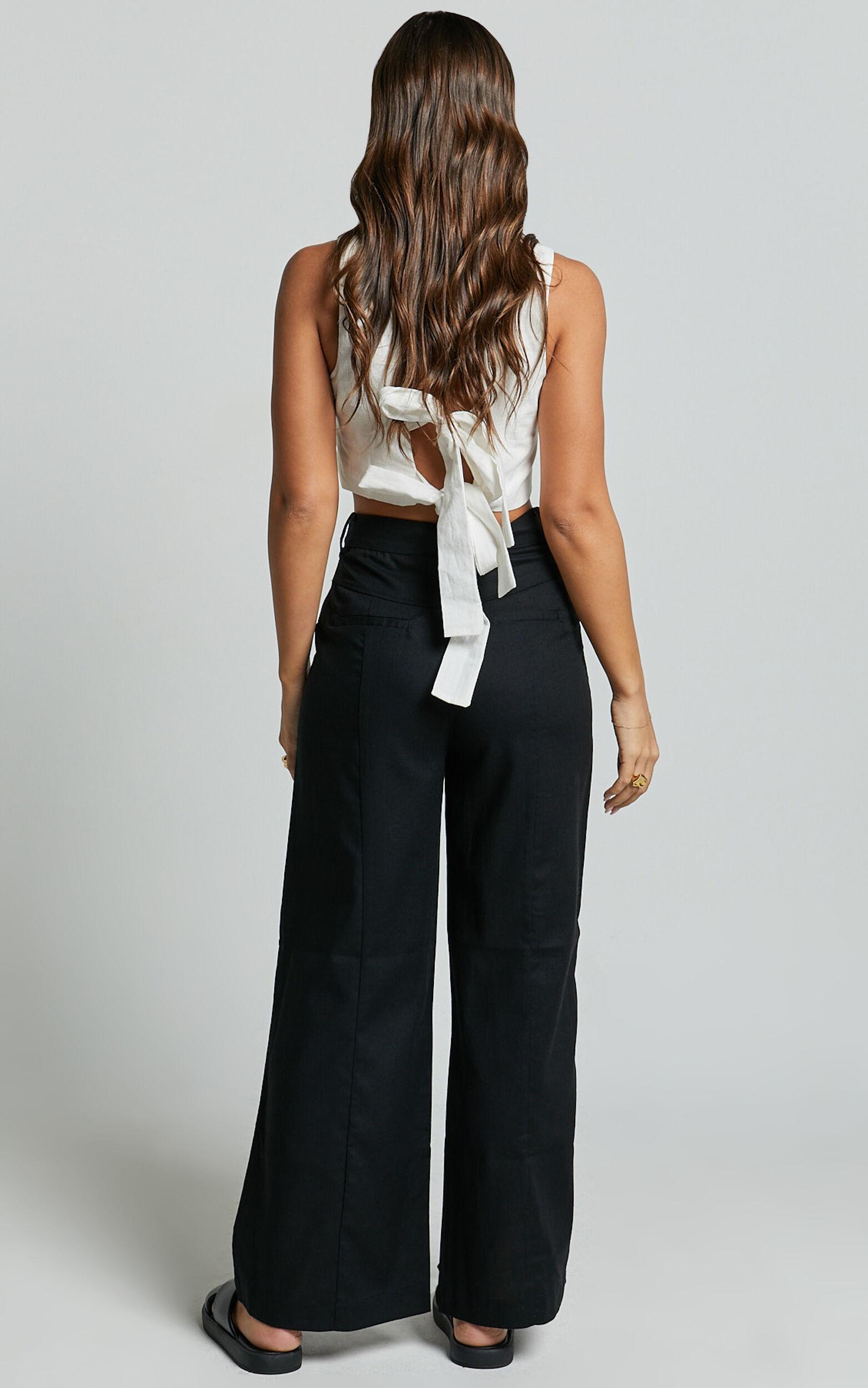 Skye Pants - Linen High Waisted Seam Detail Pants in Black Product Image