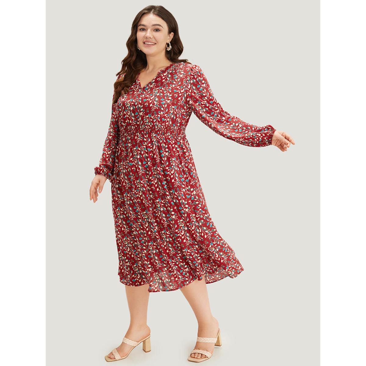 Plus Size Ditsy Floral Pocket Shirred Notched Dress Crimson Women Elegant Elastic cuffs Notched collar Long Sleeve Curvy Midi Dress BloomChic 18-20/2X Product Image