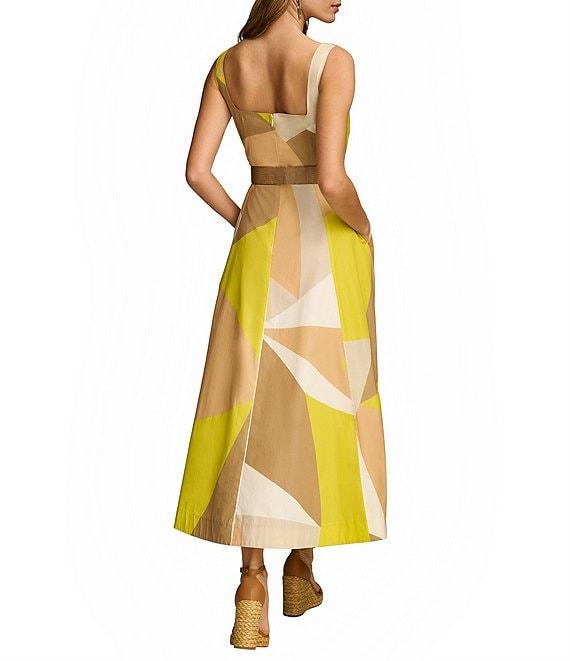 Donna Karan Sleeveless Square Neck A-Line Belted Geometric Print Midi Dress Product Image