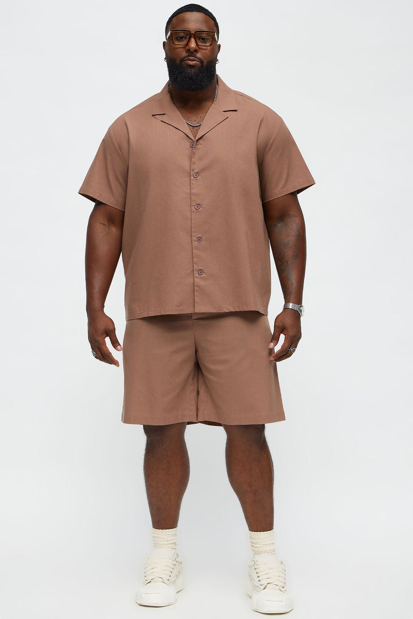 Chai Linen Like Cuban Collar Button Up Shirt - Brown Male Product Image