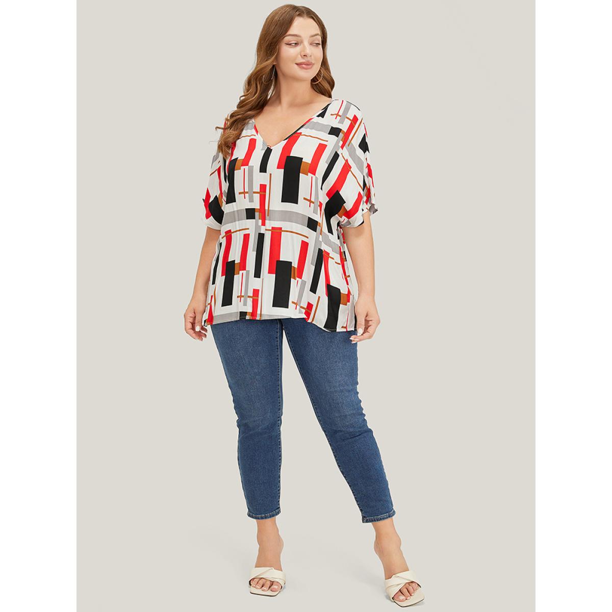 Plus Size Multicolor Geometric Contrast Dolman Sleeve Blouse Women Casual Short sleeve V-neck Dailywear Blouses BloomChic 12/L Product Image