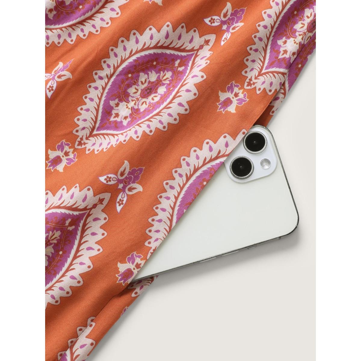 Plus Size Rayon Boho Print Pocket Midi Dress Coral Women Boho V-neck Cap Sleeve Curvy BloomChic 12/L Product Image