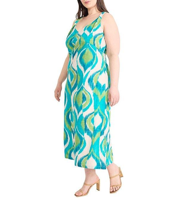 Maggy London Plus Size V-Neck Sleeveless Printed A-Line Midi Dress Product Image