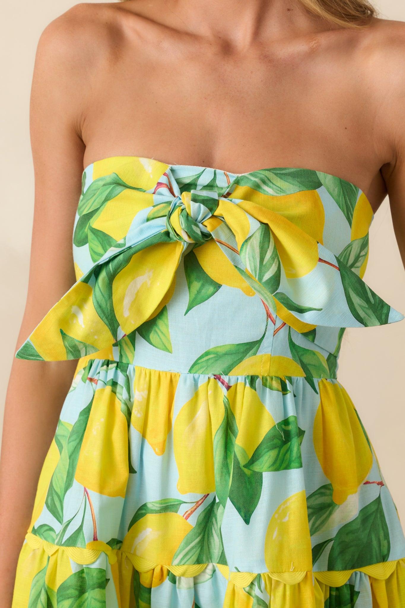 Prosperina Elena Blue Lemon Print Linen Strapless Midi Dress Product Image