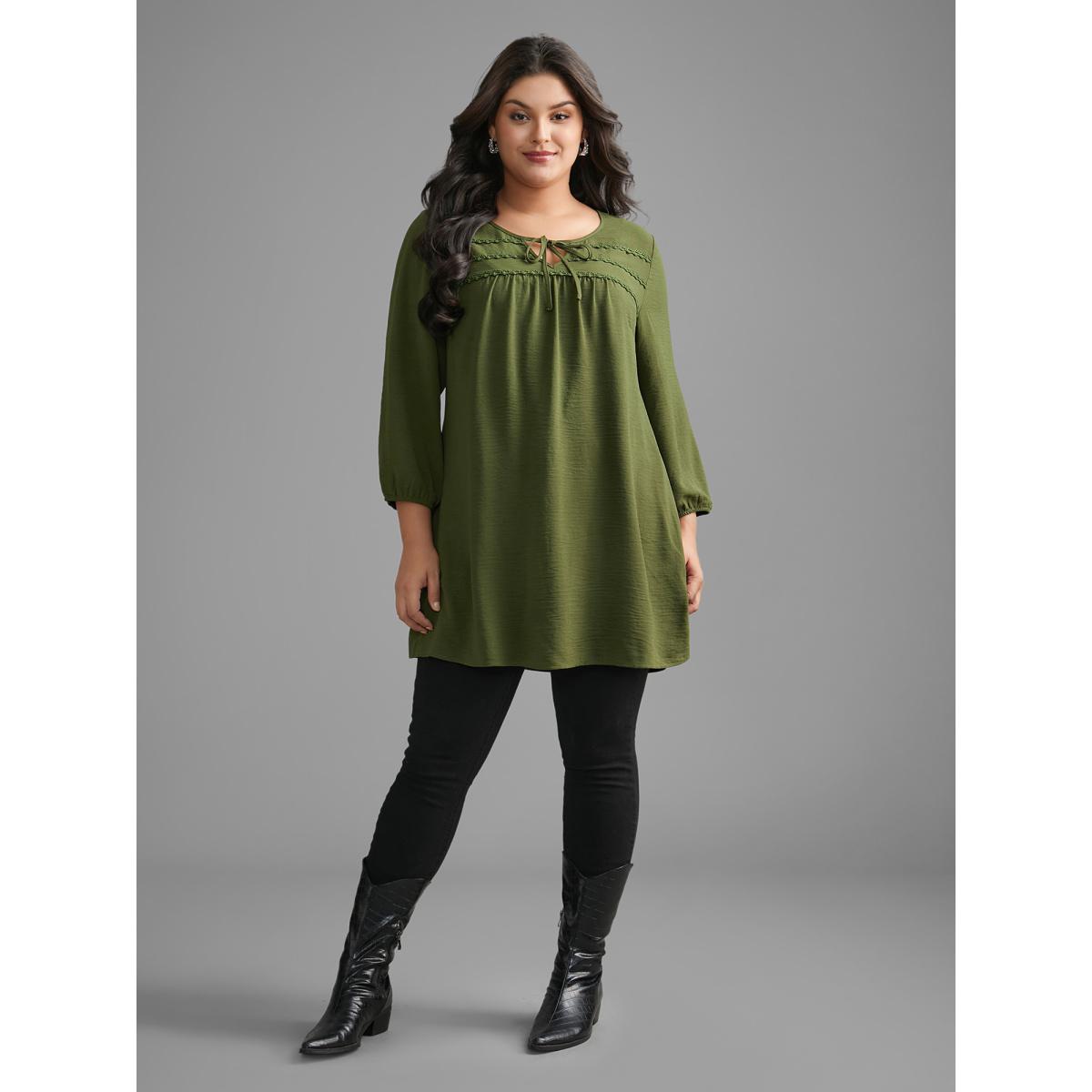 Plus Size ArmyGreen Woven Ribbon Tie Knot Gathered Blouse Women Elegant Elbow-length sleeve V-neck Everyday Blouses BloomChic 14-16/1X Product Image