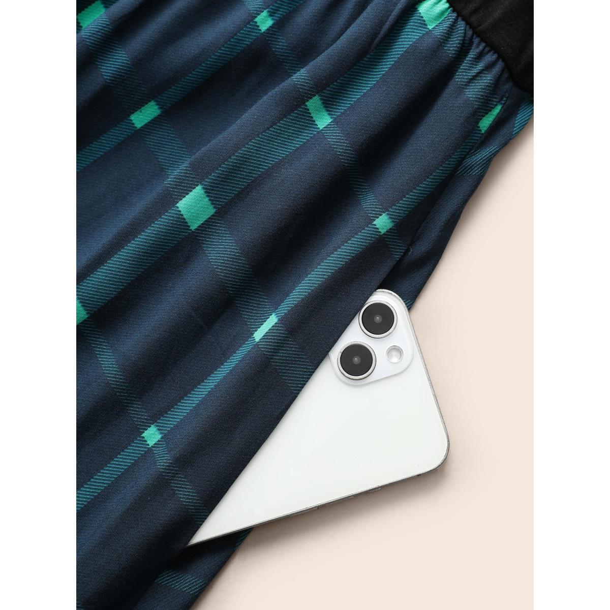 Plus Size Plaid Patchwork Belted Midi Dress Navy Women At the Office Belted Round Neck Long Sleeve Curvy BloomChic 10/M Product Image