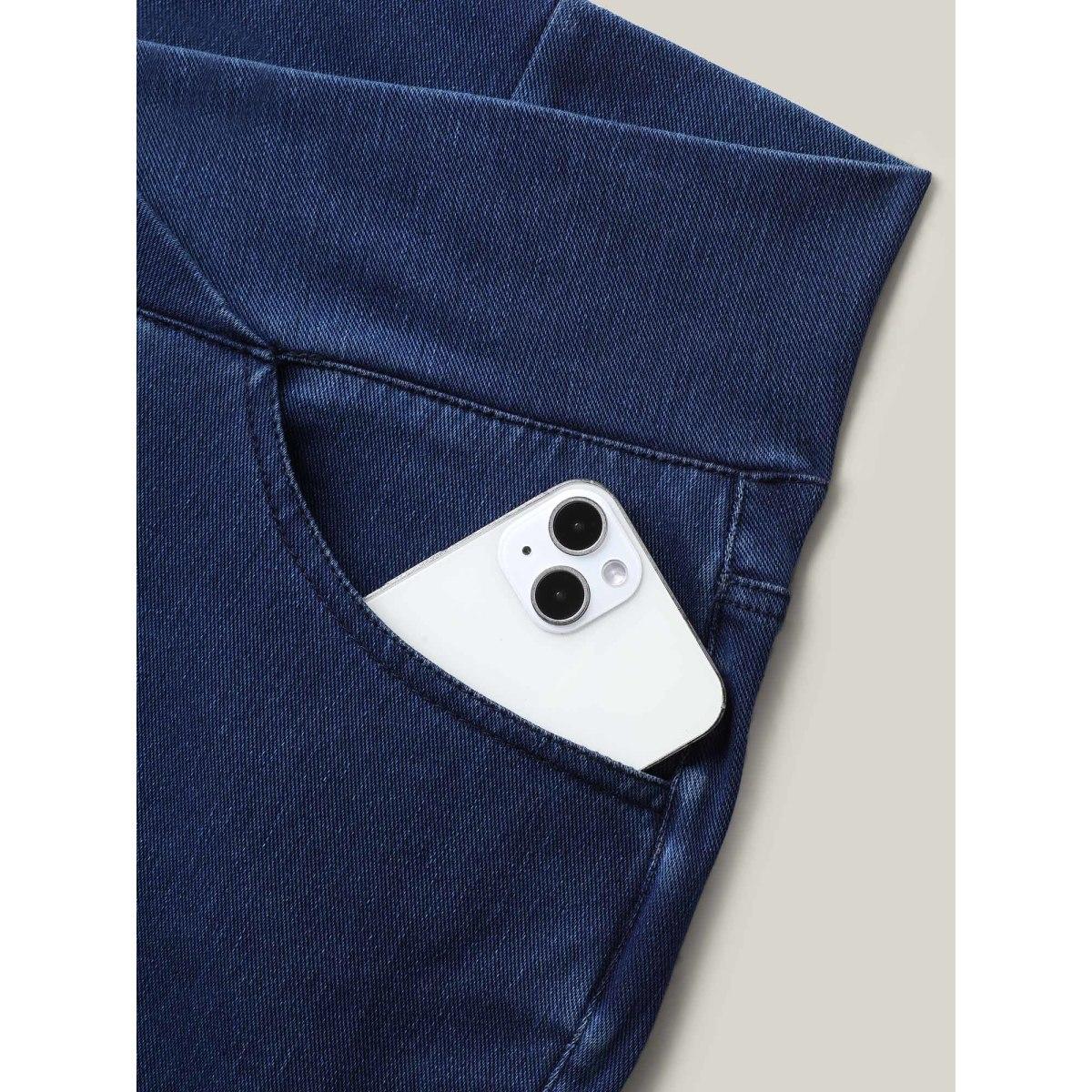 Plus Size Overlap Hem Yoga Stretch Skinny Knit Jeans Women Midblue High stretch Slanted pocket Jeans BloomChic 26/4X Product Image