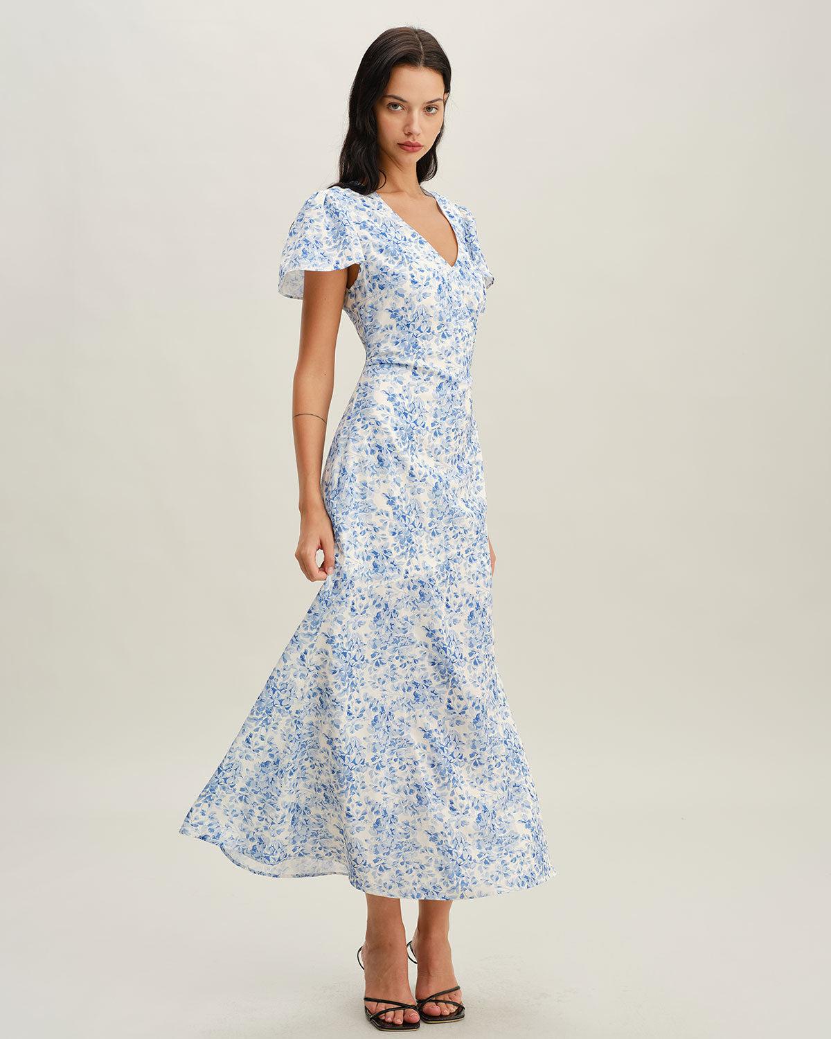Blue Floral V Neck Button Maxi Dress Product Image