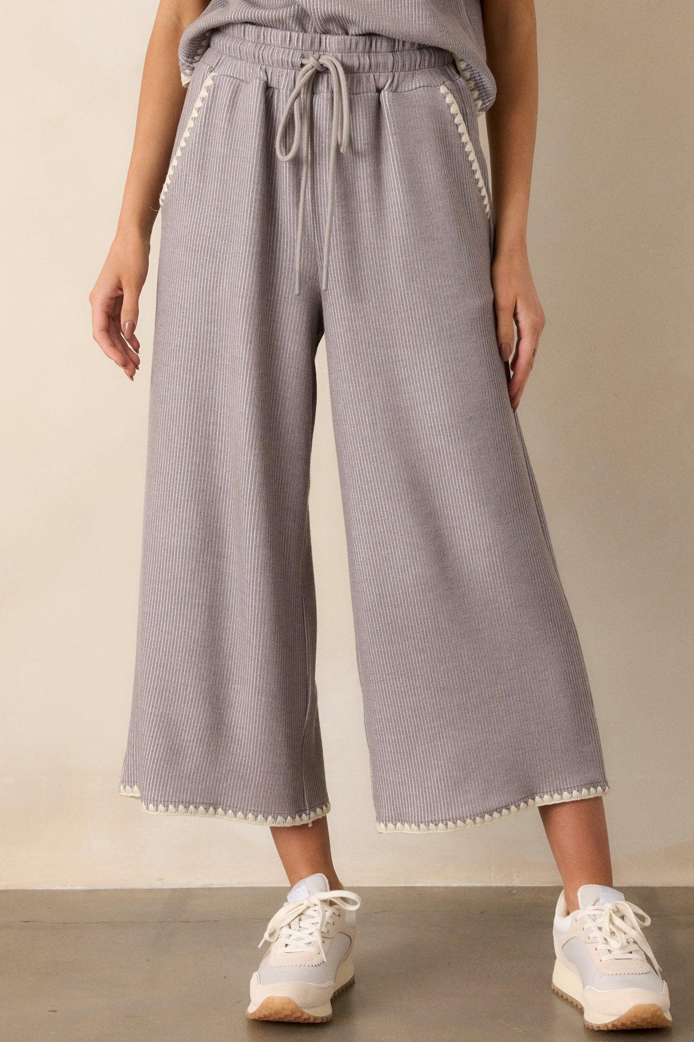 Anytime Now Grey Blanket Stitch Wide Leg Pants Product Image