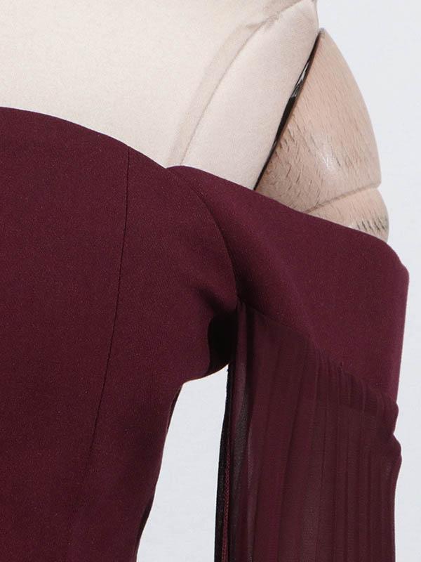 Flared Sleeves Solid Color Split-Joint Zipper Off-The-Shoulder Blouses&Shirts Tops + Pleated A-Line Skirts Bottom Two Pieces Set Product Image