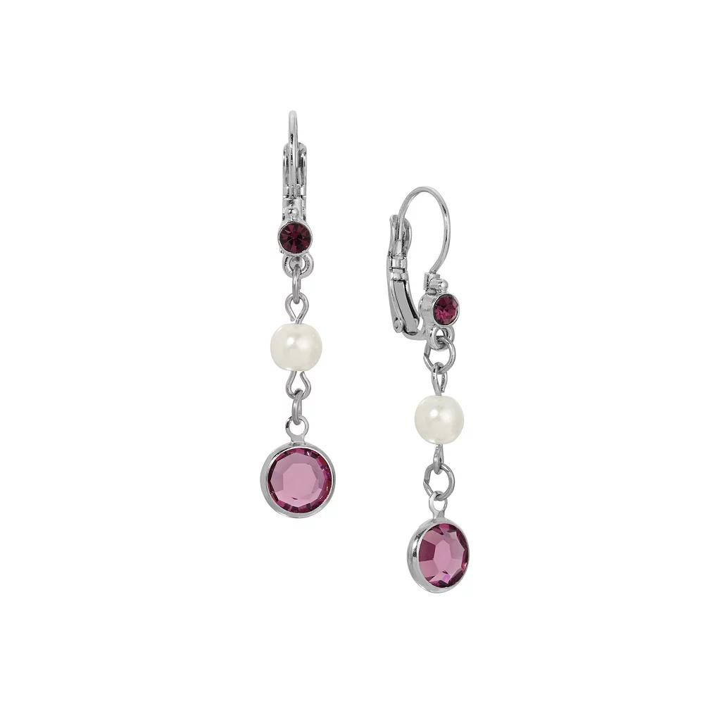 1928 Silver Tone Faux Pearl & Round Purple Gemstone Leverback Drop Earrings, Womens Product Image