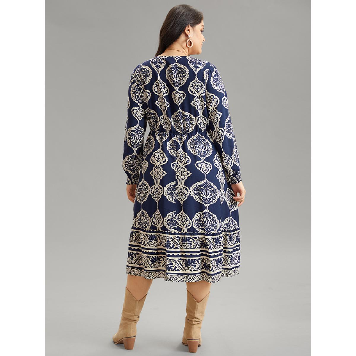 Plus Size Moroccan Print Shirred Cuffs Pocket Dress DarkBlue Women Resort Printed V-neck Long Sleeve Curvy Midi Dress BloomChic 18-20/2X Product Image